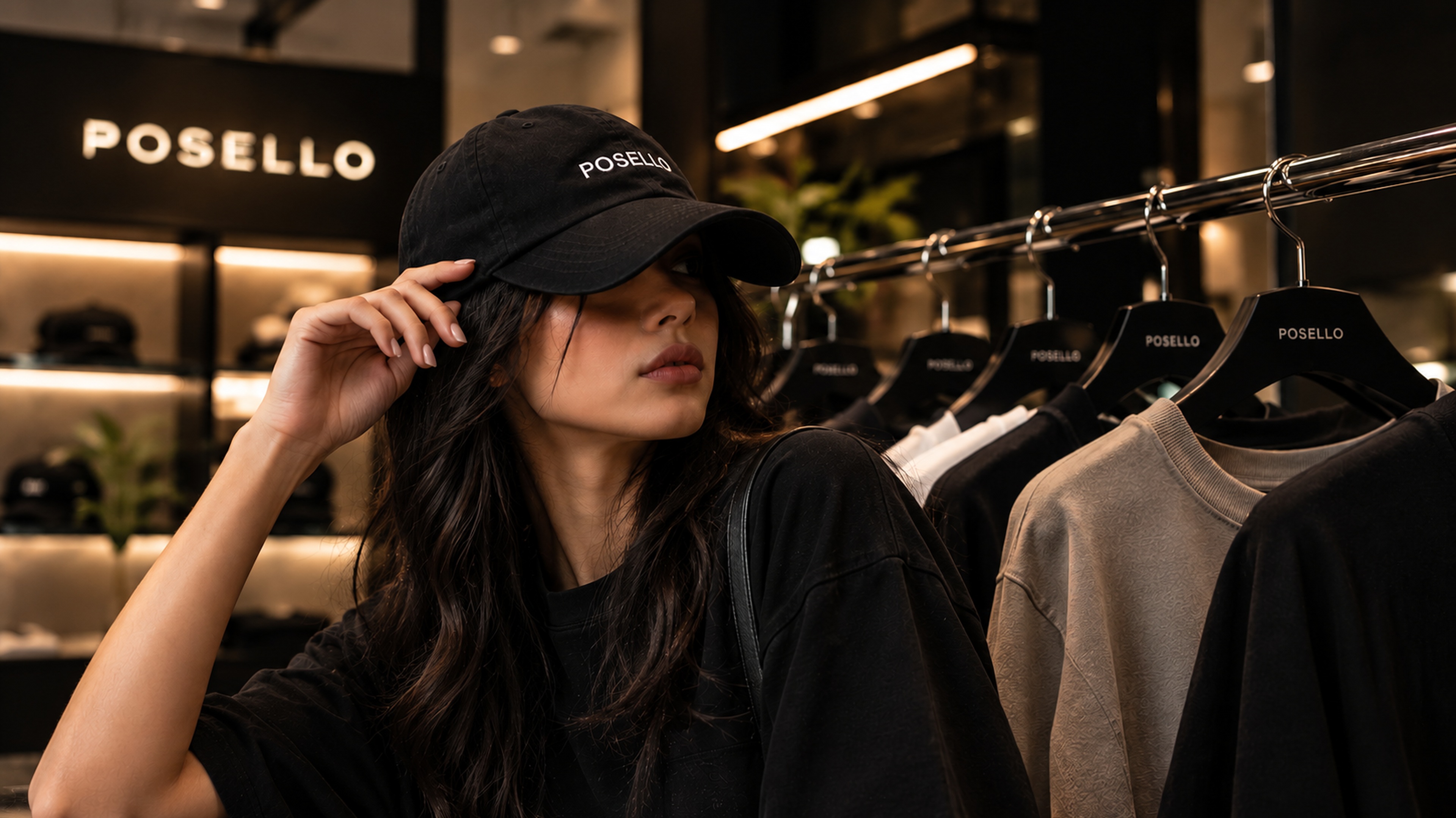 POSELLO boutique campaign featuring a model wearing a branded cap