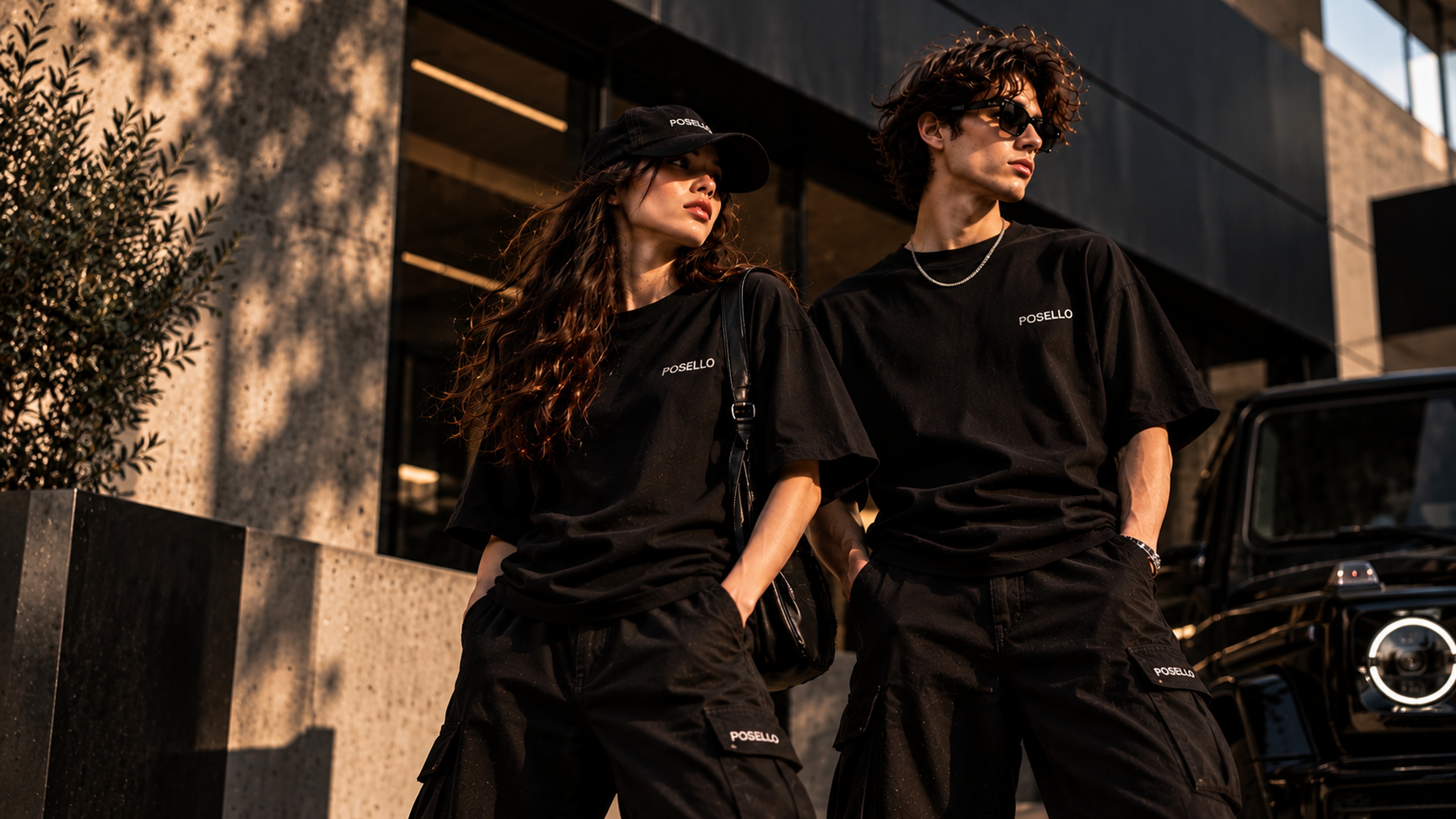 POSELLO streetwear campaign with two models in branded black clothing