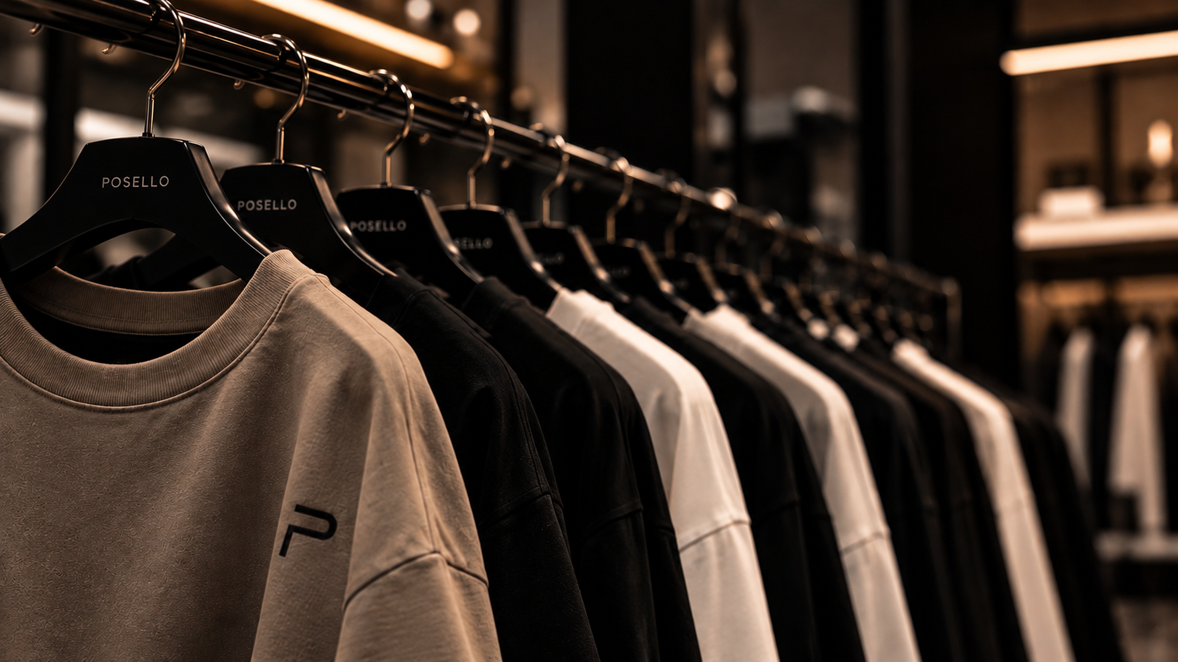POSELLO unisex collection displayed on branded hangers